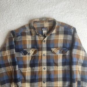 Y2K Patagonia men's brown blue fjord flannel shirt work pocket outdoors S